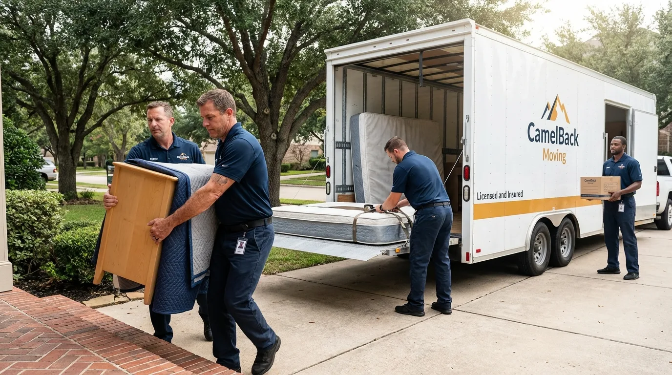 Crew loading residential truck for cross-state move from De Queen, AR