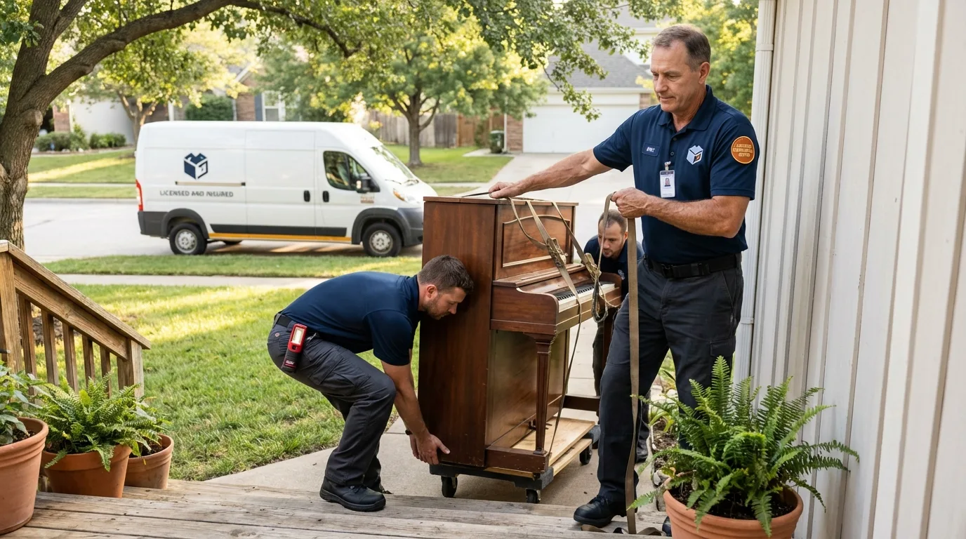 Licensed piano movers securing grand piano in De Queen, AR