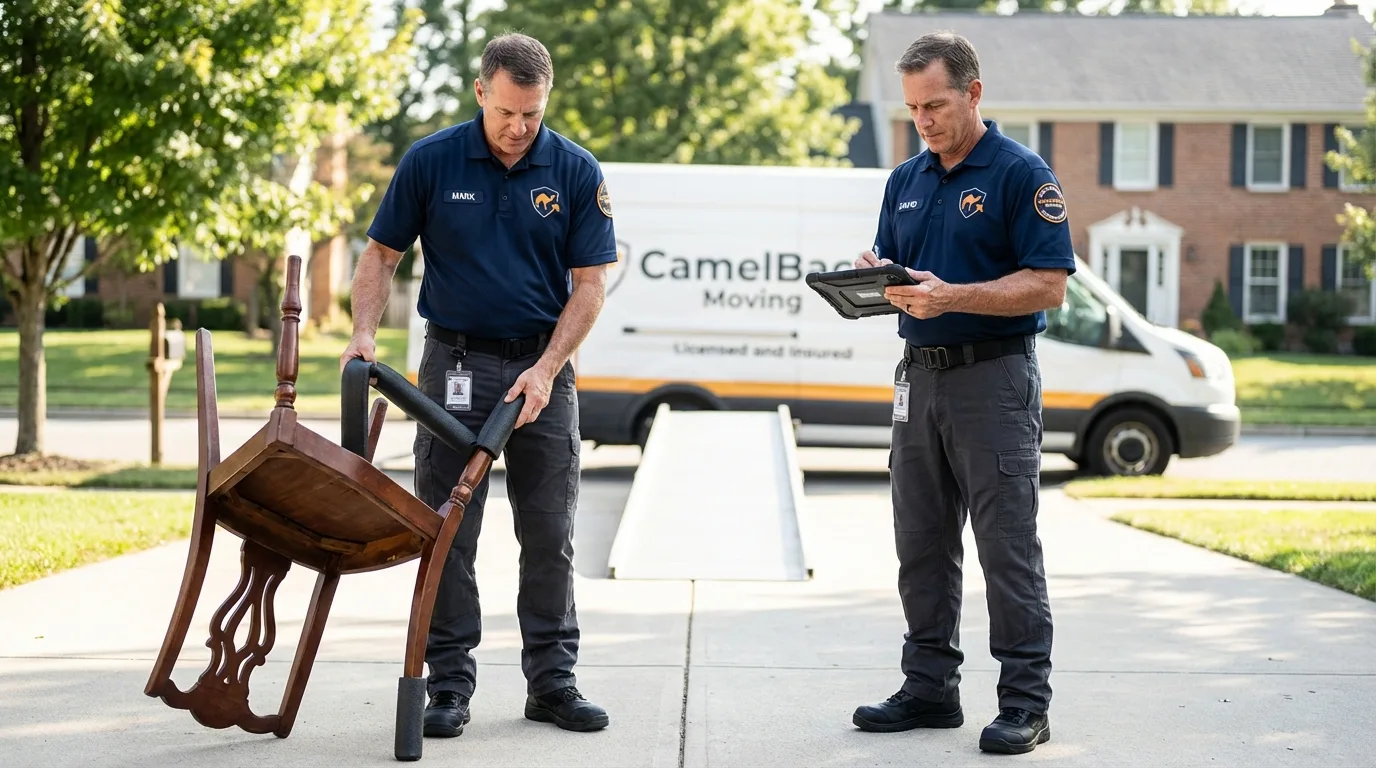Movers inspecting furniture for damage prevention before loading in De Queen, AR