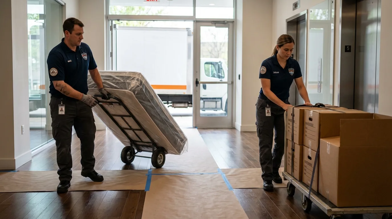 Professional apartment movers loading elevator in De Queen, AR